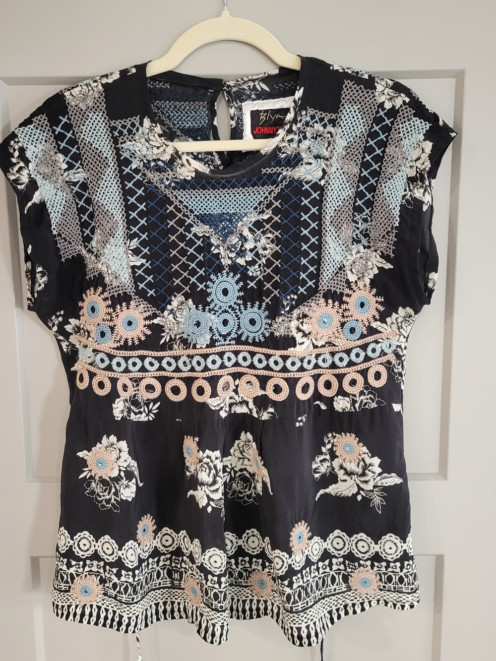Biya Johnny Was Perlette Embroidered Silk Tie Back Blouse Top S